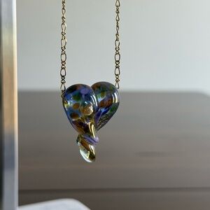Multicolor Art Glass Heart Pendant Necklace Gold Tone Chain Statement Jewelry